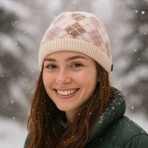 Neckworks Womens Argyle Knit‎ Beanie Hat Cream Pink Brown Wool Angora